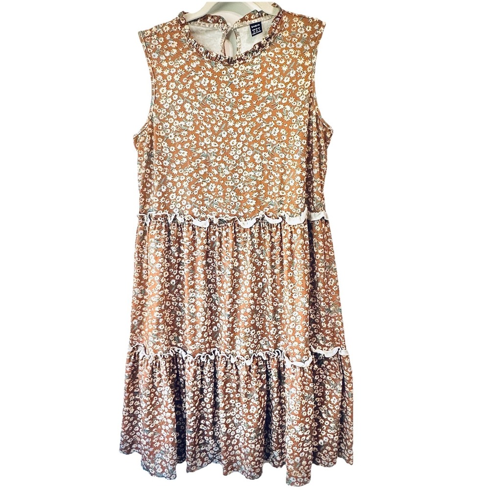 SHEIN Womens Size M Brown Floral Tiered Midi Dress Ruffle Trim
